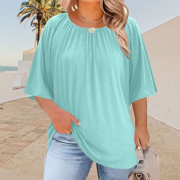 HongQid Plus Size Tops for Women Summer Top Loose Fit Tee Shirts V Neck Pleated Short Sleeve Blouse