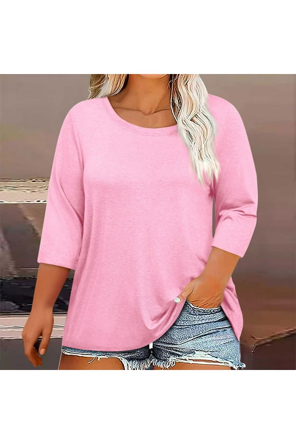 Plus Size Tops for Womens 3/4 Sleeve Casual T Shirts Loose Fit Tunic Round Neck Blouse
