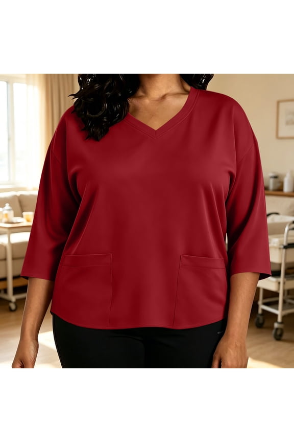 Plus Size Tunic for Women Scrub V Neck Three Quarter Pocket Soft Woven Loose Ladies Care Work Tops Spring Summer Clothing