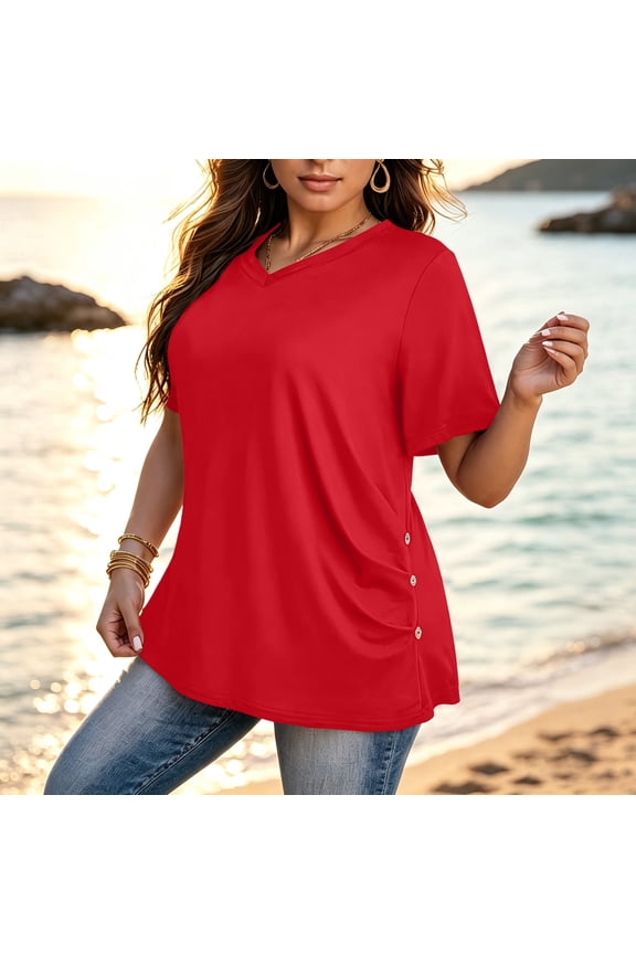 Plus Size V Neck Short Sleeve Tunic Tops Side Button Decor Casual Flowy Blouses for Women