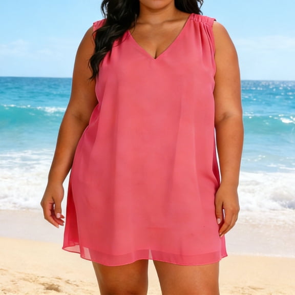HongQid Plus Size Women's Chiffon Sleeveless Dresses Casual Summer Loose Beach Sundress V Neck Swing Tunic Sundress