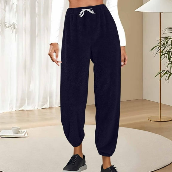 HongQid Plush Warm Pajama Pants, Fluffy Soft Fleece Sleep Pant Tapered with Pockets Lounge Pj Bottoms for Women