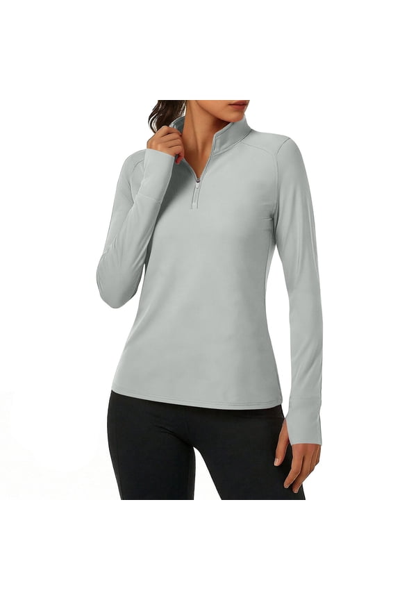 Quarter Zip Pullover Women Shirt Long Sleeve Athletic Running Tops Thumb Hole Sun Protection Quick-drying Hiking Workout Tops