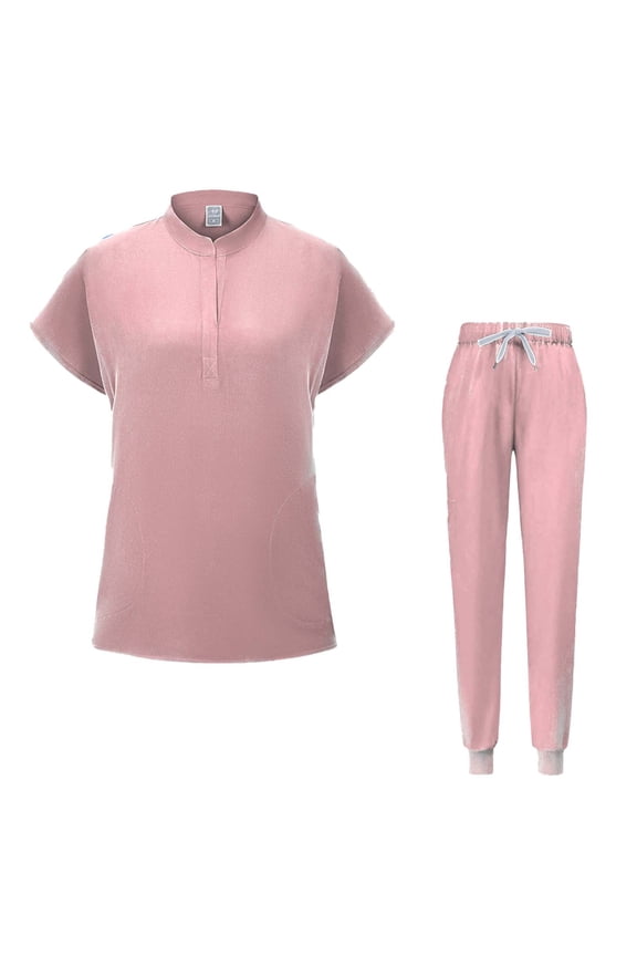 Scrub Suit Set for Women Modern Mock-neck Top & Tapered Leg Jogger Pants with Drawstring Medical Nursing Uniforms Set
