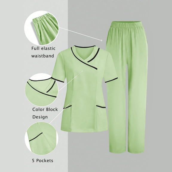 HongQid Scrubs Set for Women - Stretch V-Neck Scrub Top & Yoga Jogger Straight Leg Scrub Pants, Pockets