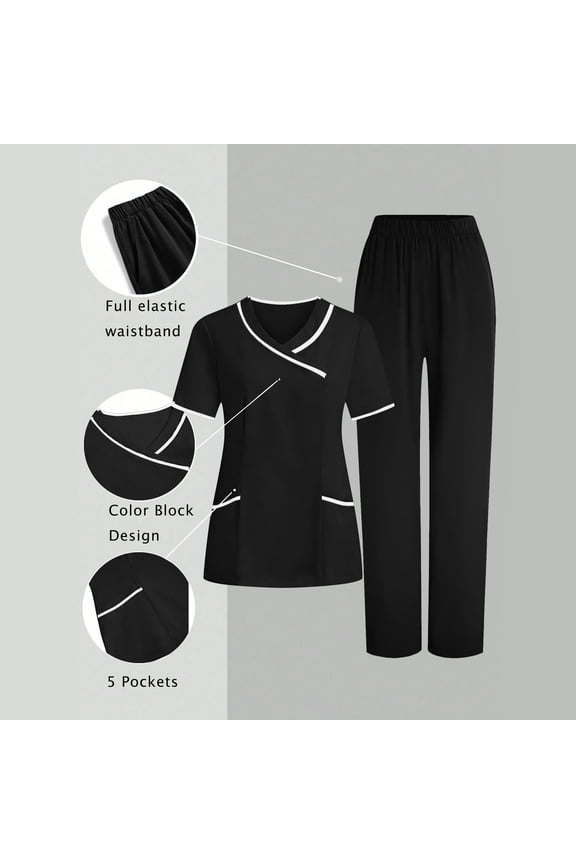 Scrubs Set for Women - Stretch V-Neck Scrub Top & Yoga Jogger Straight Leg Scrub Pants, Pockets