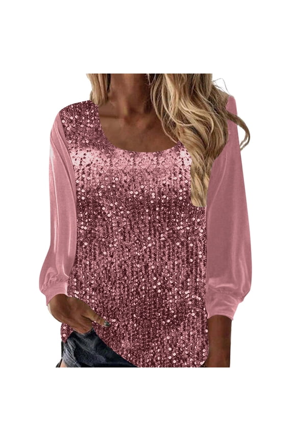 Sequin Tops for Women, Crew-Neck Long Sleeve Blouses for Evening Party, Dressy and Sparkly Bling Shirt