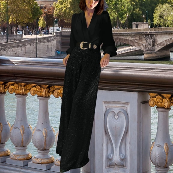 HongQid Sequins Jumpsuit for Women Long Sleeve Sparkly Jumper V Neck Belted Wide Leg Pants Sets Evening Party Jumpsuit