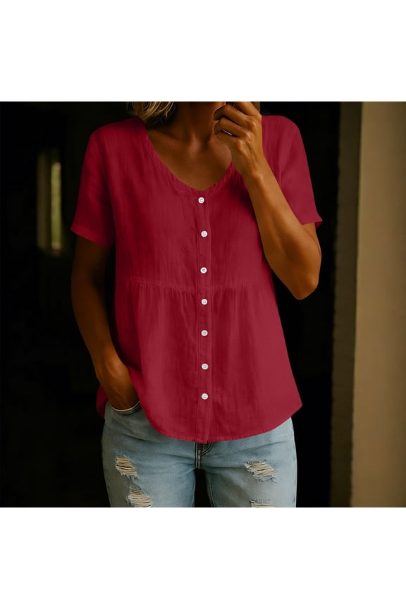Short Sleeve Button Front V-Neck Loose Fit Soft Linen Blend Tunic Blouse for Women Summer Tops
