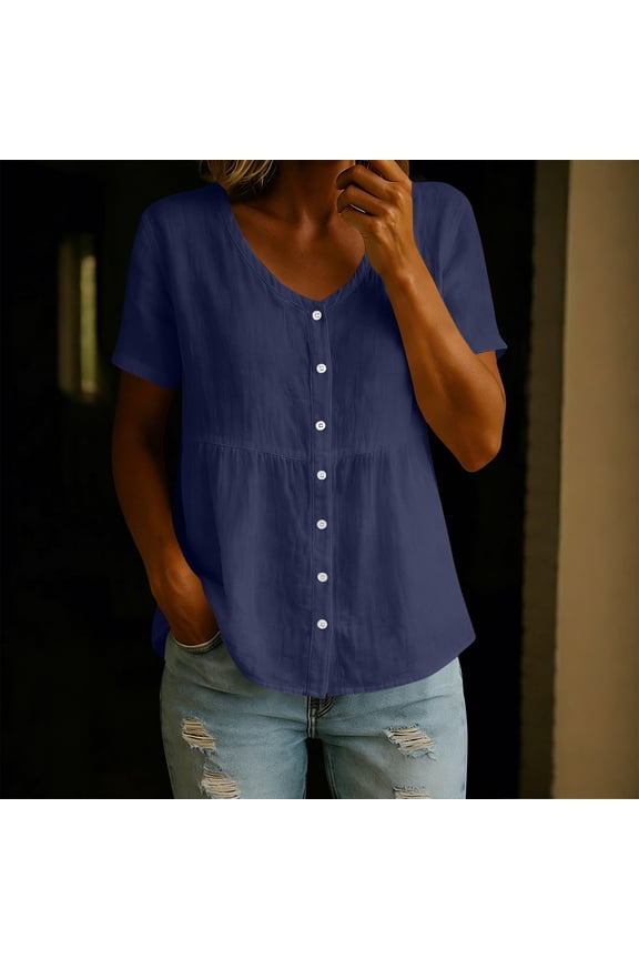 Short Sleeve Button Front V-Neck Loose Fit Soft Linen Blend Tunic Blouse for Women Summer Tops