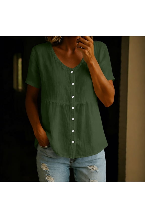 Short Sleeve Button Front V-Neck Loose Fit Soft Linen Blend Tunic Blouse for Women Summer Tops
