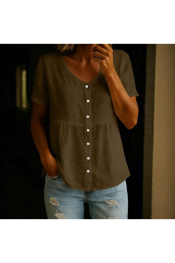 Short Sleeve Button Front V-Neck Loose Fit Soft Linen Blend Tunic Blouse for Women Summer Tops