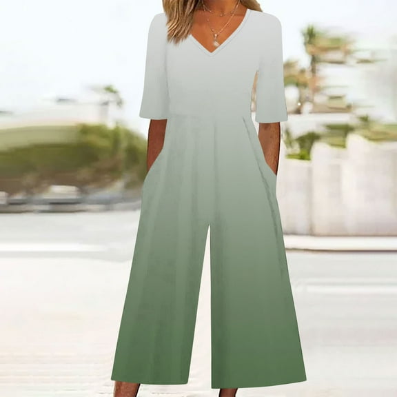 HongQid Short Sleeve Jumpsuit V Neck Elegant for Womens Dressy Casual One Piece Romper Outfits Back Zipper & Side Pocket
