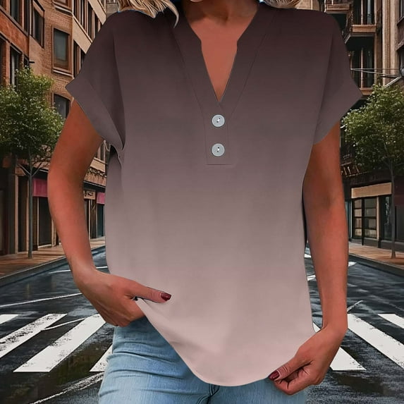 HongQid Short Sleeve Tops for Women Summer Button Up Shirts V Neck Henley Linen T-Shirt Loose Fit Basic Tee