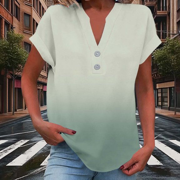 HongQid Short Sleeve Tops for Women Summer Button Up Shirts V Neck Henley Linen T-Shirt Loose Fit Basic Tee