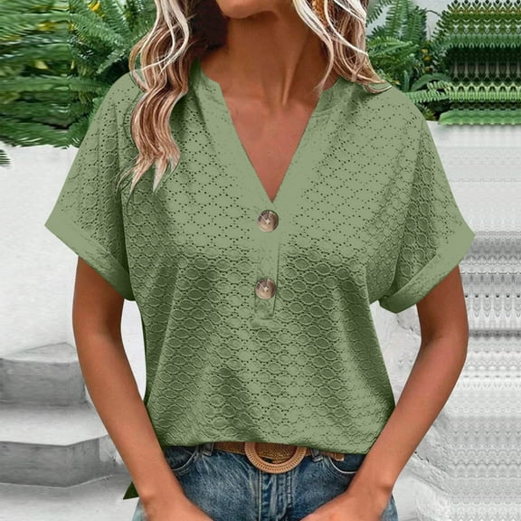 HongQid Short Sleeve Womens Tops Summer V Neck T-Shirts Dressy Casual Henley Blouses Button Basic Tee Loose Fit