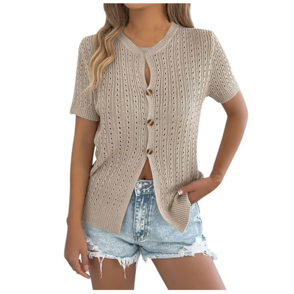 HongQid Short Sleeves Sweaters V Neck Cardigans for Women Short Sleeves Button Down Lightweight Tops