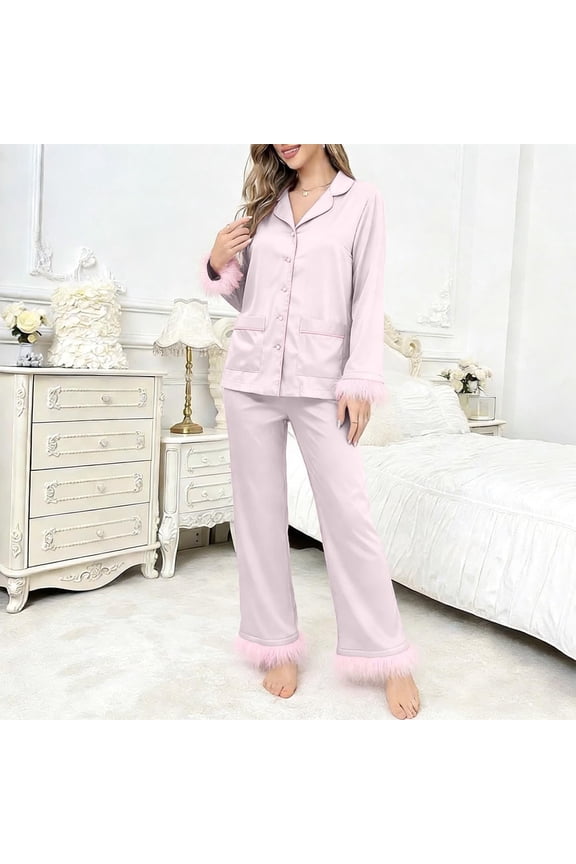 Silk Satin Pajamas Set Womens Long Sleepwear Button Down 2 Piece Classic Soft Loungewear Pjs Set with Feather Trim