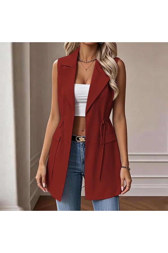 Sleeveless Blazer Vest for Women Notched Lapel Drawstring Cinch Waist Open Front Woven Mid Cut Spring Summer Fall Clothes Ladies Trendy Business Waistcoat