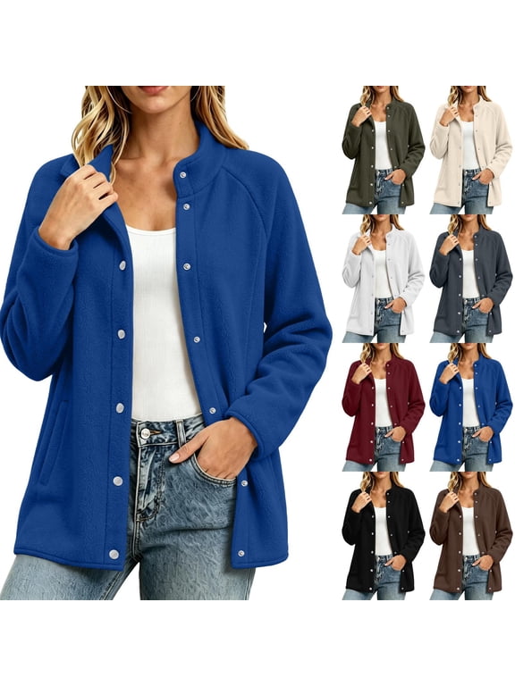 Snap Button Fleece Shacket, Women Stand Collar Raglan Long Sleeve Side Hand Pockets Thick Polar Fleece Warm Soft Mid Length Cut, Wind Resistant Outer Layer Fall Winter Casual Shirt Jacket