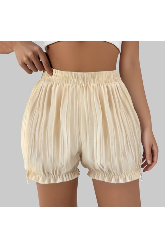 Soft Lounge Shorts for Women Elastic Waist Ruffled Bloomers Casual Sleepwear Lightweight Cozy Pajama Bottom Beige L