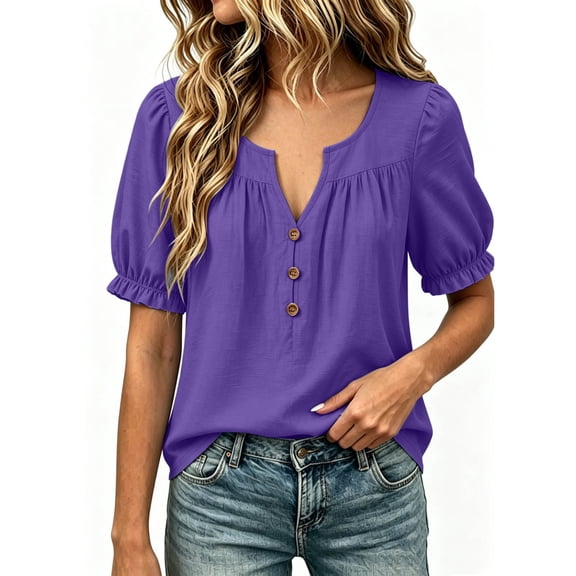 HongQid Square Neck Puff Sleeve Blouse V Notch Henley Top Casual Ruffled Cuff Shirt with Partial Button Placket for Women