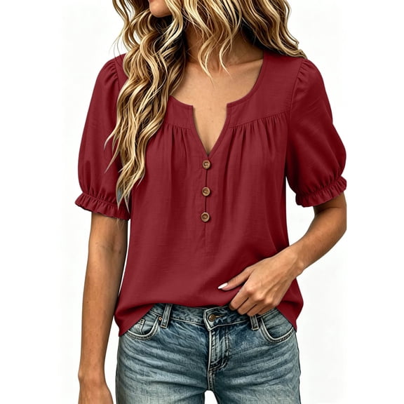 HongQid Square Neck Puff Sleeve Blouse V Notch Henley Top Casual Ruffled Cuff Shirt with Partial Button Placket for Women