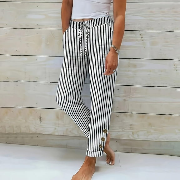 HongQid Striped Pants for Women High Waisted Wide Leg Trendy Beach Pull On Elastic Waist Casual Ankle Pants