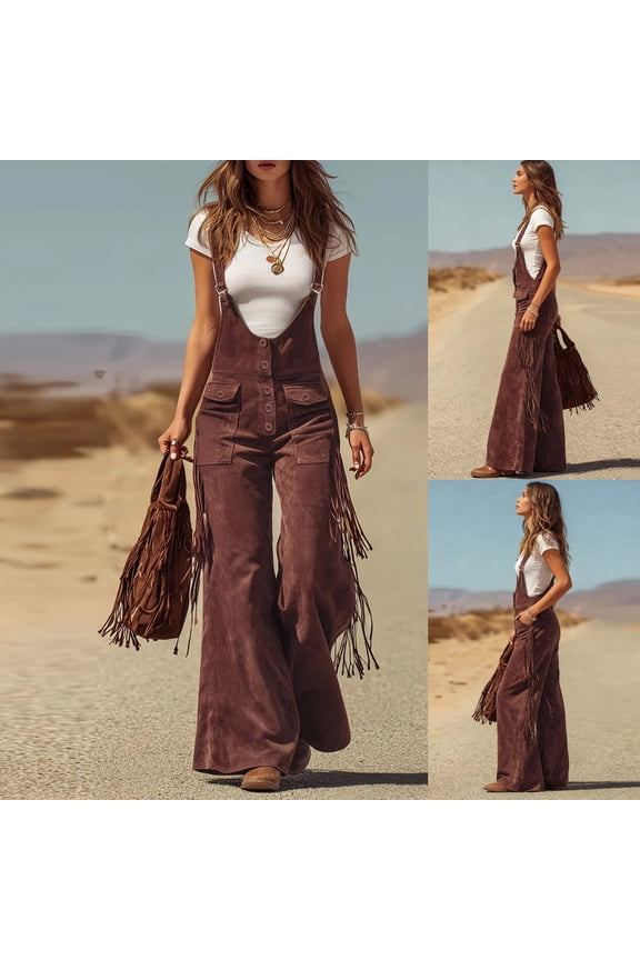 Suede Overalls for Women Barrel Wide Leg Bib Tassel Suede Vintage Pants Women Adjustable Romper Jumpsuit with Pockets