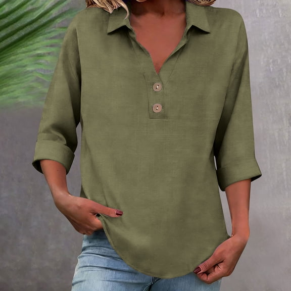 HongQid Summer Linen Shirts for Women Button Down V Neck 3/4 Sleeve T-Shirt Blouse Casual Loose Basic Solid Tunic Tops