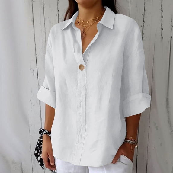 HongQid Summer Linen Shirts for Women Button Down V Neck 3/4 Sleeve T-Shirt Blouse Casual Loose Basic Solid Tunic Tops