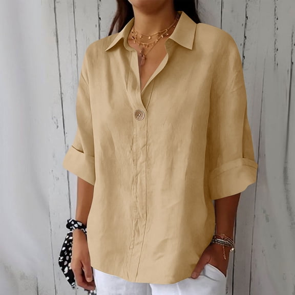 HongQid Summer Linen Shirts for Women Button Down V Neck 3/4 Sleeve T-Shirt Blouse Casual Loose Basic Solid Tunic Tops