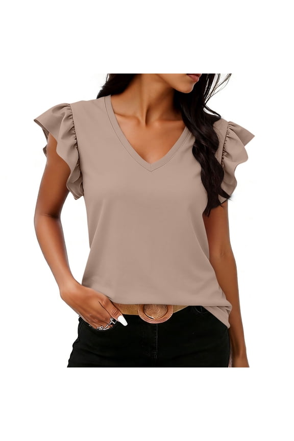 Summer Solid Ruffle Top for Women, V-Neck Flutter Sleeve Casual Daily Wear Beach Vacation Top