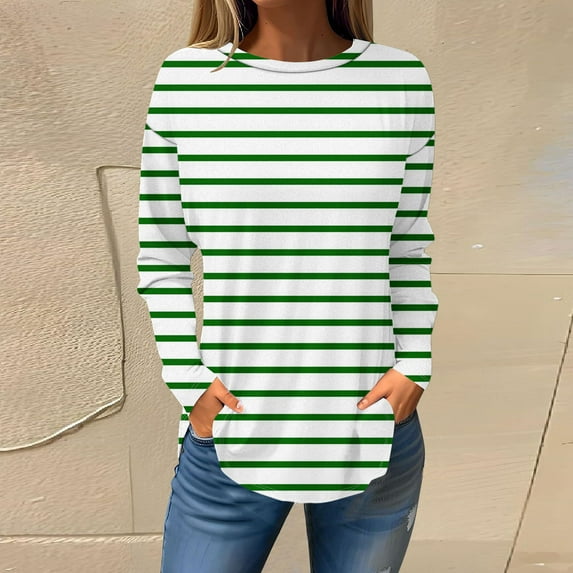 HongQid Sweatshirts for Women Striped Crewneck Long Sleeve Shirts Tunic Tops for Fall Fashion