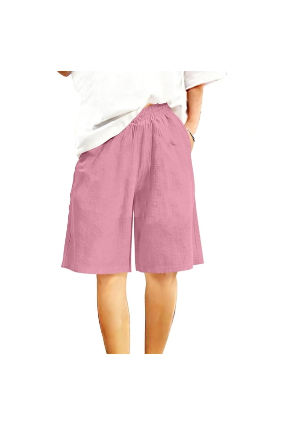 Textured Elastic Waist Wide Leg Shorts for Women, Lightweight Linen Blend Casual Bermuda Shorts Breathable Bottoms for Summer Daily Wear & Beach