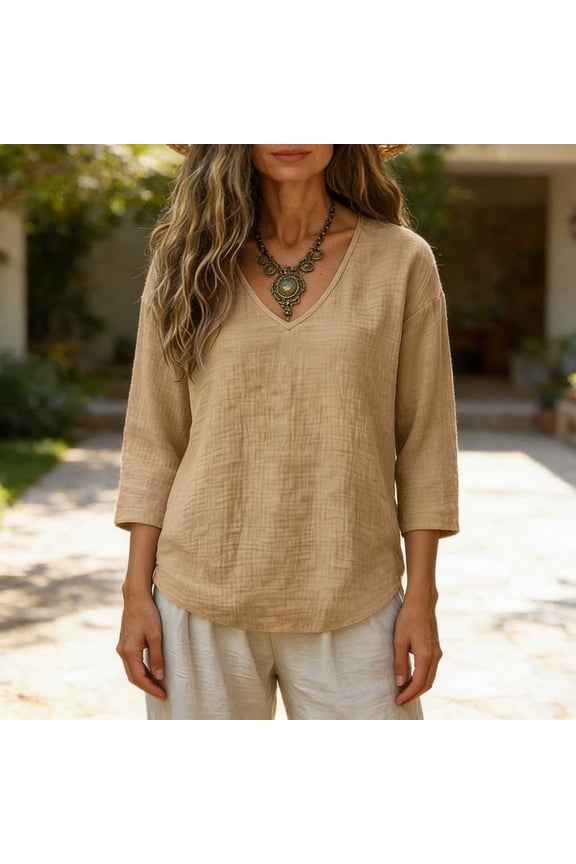 Textured V-Neck Tee for Women, Cotton Long Sleeve Casual Daily Wear Summer Fall Beach Basic Top