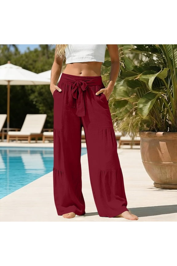 Tiered Wide Leg Pants for Women Bow Tie Waistband Casual Summer Linen Blend Trousers with Pockets