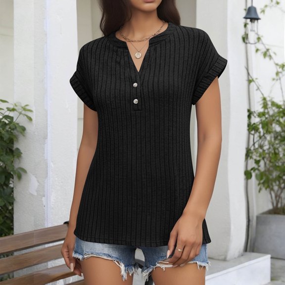 HongQid Tops for Women Short Sleeve Ribbed Knit Summer Spring Sweaters Notched V Neck Button Tunic Shirts Casual Work