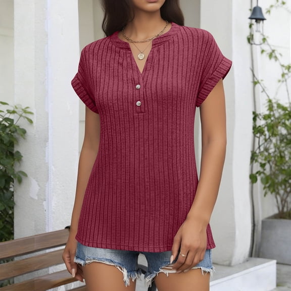 HongQid Tops for Women Short Sleeve Ribbed Knit Summer Spring Sweaters Notched V Neck Button Tunic Shirts Casual Work