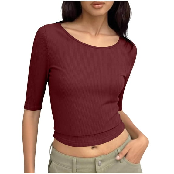 HongQid Tops for Women Solid 3/4 Sleeve Slim Fit Fall Round Neck Base Layer Shirts Blouse