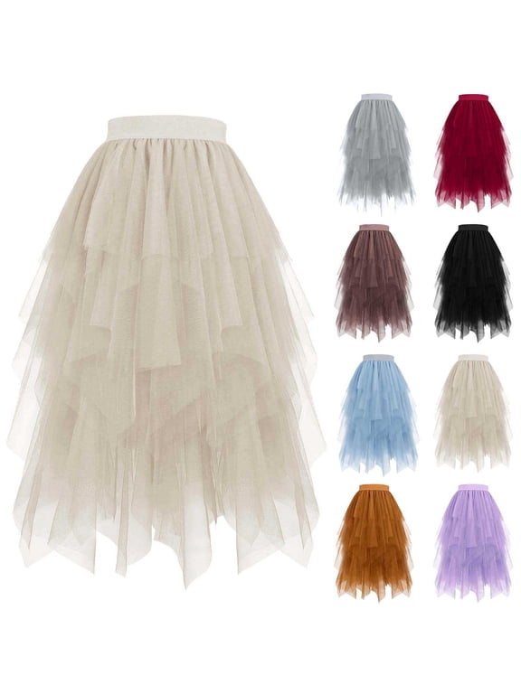 Tulle Skirts for Women Midi Long Fairy Skirt Tutu A-Line Mesh Layered High Elastic Waist Skirts