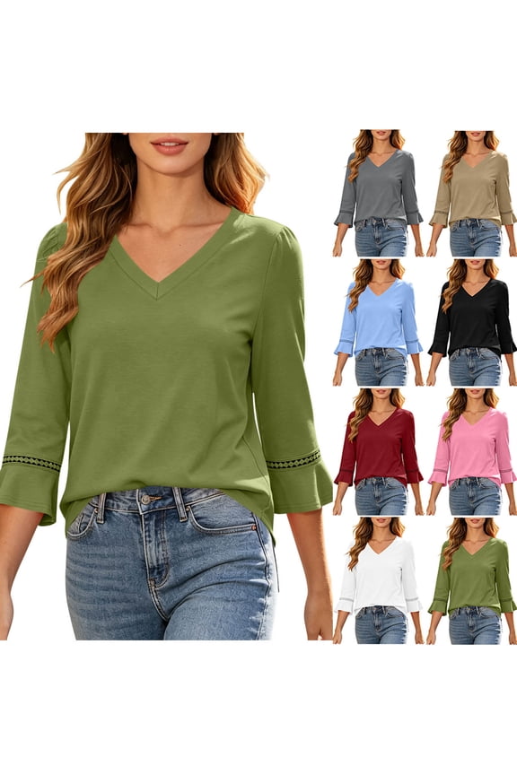 Tunic Tops V Neck Puff Eyelet Trim Flare 3/4 Sleeve Curved Hem Casual Lightweight Fall Spring Pullover Shirts for Women