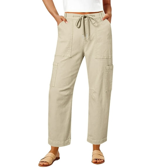 HongQid Twill Cargo Pants for Women Casual High Waisted Straight Wide Leg Pants Loose Cargo Pants with Pockets