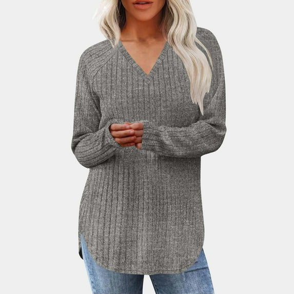 HongQid V Neck Long Sleeve Knit Sweaters Casual Loose Pullover for Women Casual Fall Tops Lightweight Tunic Fashion Clothes