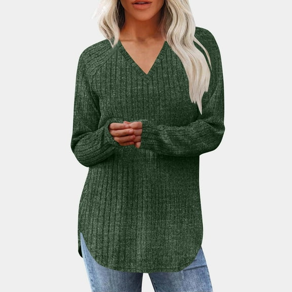 HongQid V Neck Long Sleeve Knit Sweaters Casual Loose Pullover for Women Casual Fall Tops Lightweight Tunic Fashion Clothes