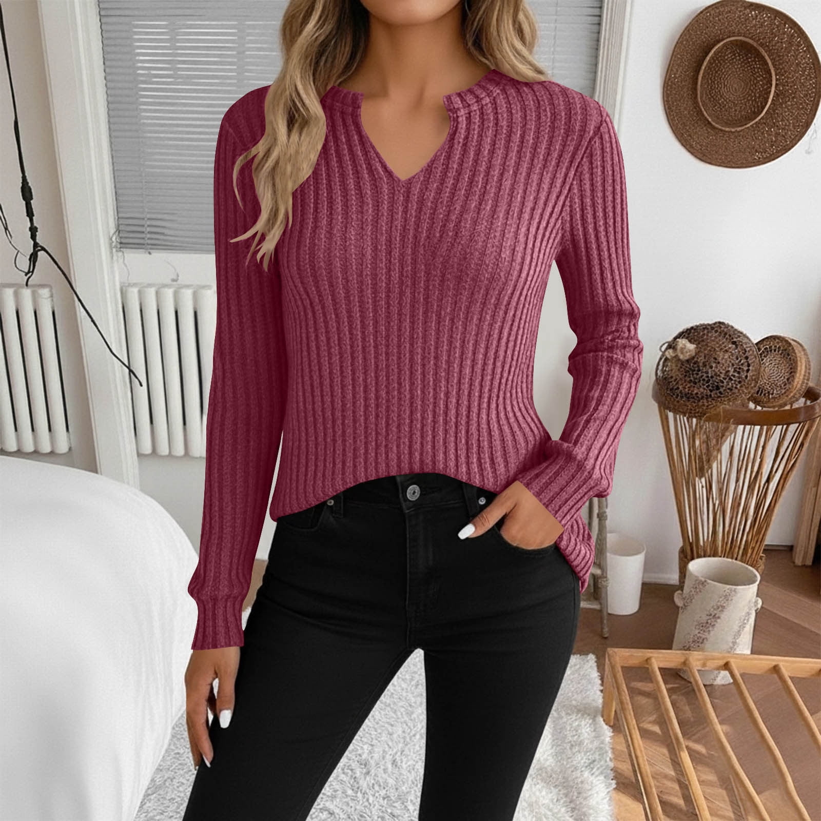 HongQid V Neck Shirts for Women Long Sleeve Knit Thermal Tops Slim Fit ...