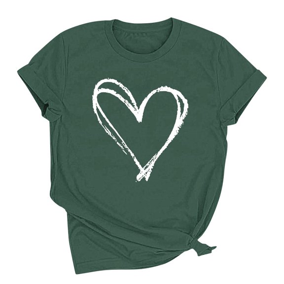HongQid Valentines Women's T Shirts Summer Tops Simple Heart Graphic Shirts Short Sleeve Vacation Casual Blouse Tee