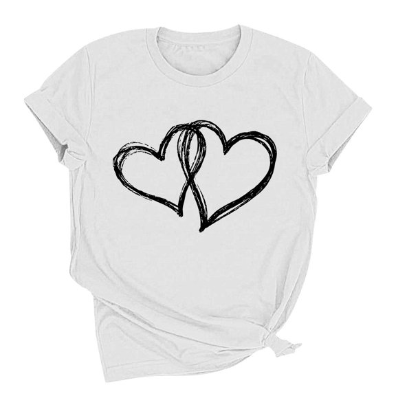 HongQid Valentines Women's T Shirts Summer Tops Simple Heart Graphic Shirts Short Sleeve Vacation Casual Blouse Tee