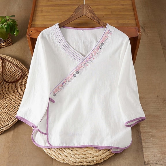 HongQid Vintage Floral Embroidery Cotton Linen Tops for Women Chinese Frog Button 3/4 Sleeve Loose Casual Blouses Shirts