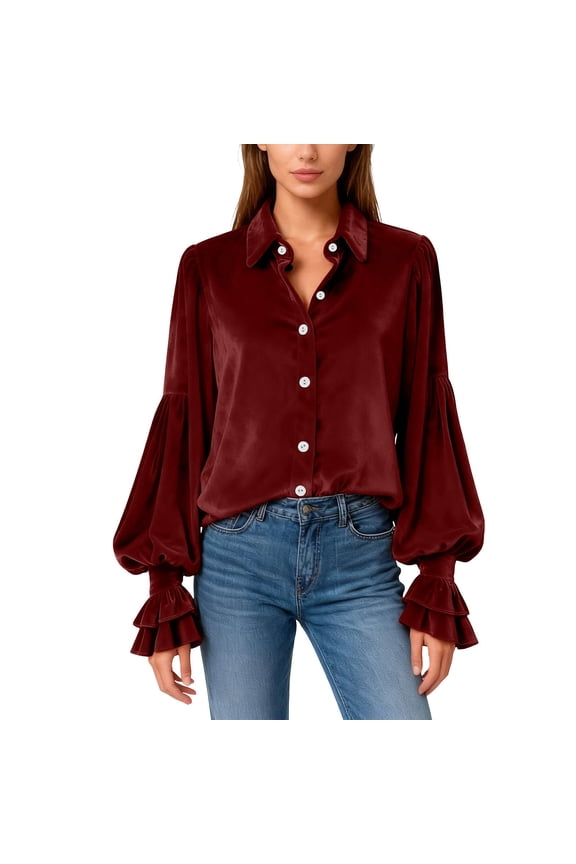Vintage Velvet Tops for Women Elegant Puff Long Sleeve Gothic Court Style Button Down Shirts Velvet Blouses
